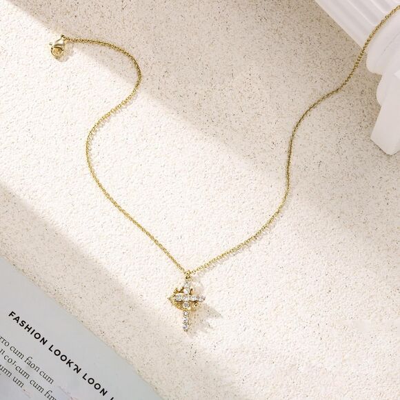 Cross Crown Necklace CZ 14K Gold Plated Trendy Cross Crown Pendant Birthday Gift - Picture 3 of 7